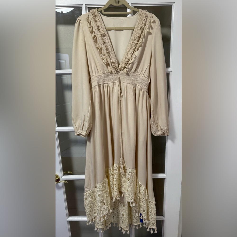 Cupshe Cream Babydoll Dress with Ruched Long Sleeves